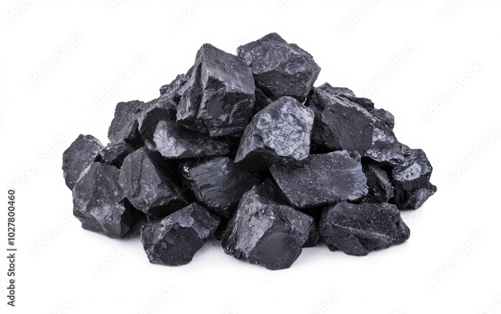 Rough and textured coal pieces piled on a white background, showcasing natural energy materials with a focus on their raw form Rough and textured coal pieces piled on a white background, showcasing natural energy materials with a focus on their raw form