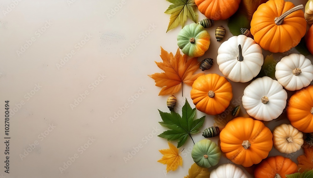Flat lay of fresh pumpkins in various colors and sizes with autumn leaves arranged on a light background. Generative AI Flat lay of fresh pumpkins in various colors and sizes with autumn leaves arranged on a light background. Generative AI