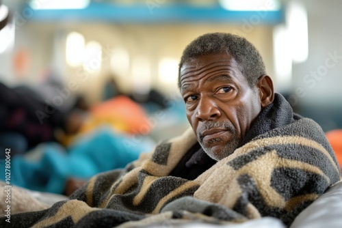 Elderly black man wrapped in a blanket looking concerned in a crowded public shelter photo