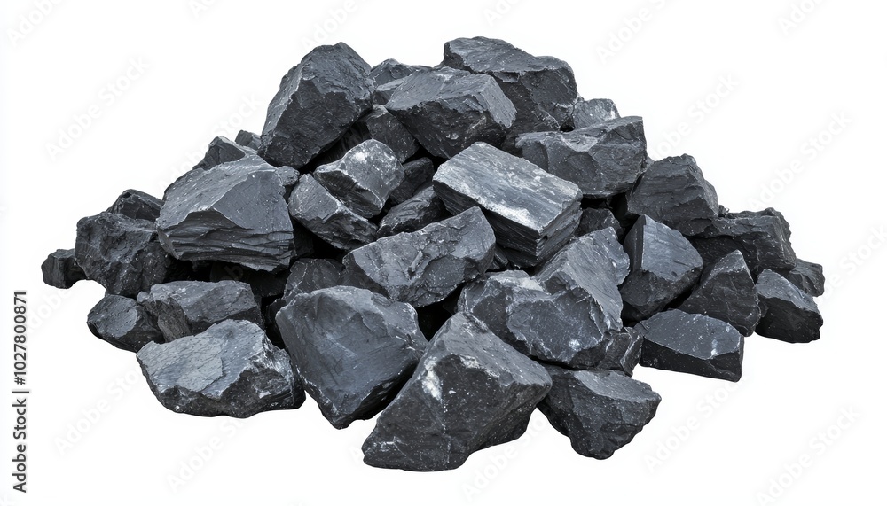 Black coal pieces in various sizes, piled together and isolated on white, highlighting the texture and rugged appearance of natural coal Black coal pieces in various sizes, piled together and isolated on white, highlighting the texture and rugged appearance of natural coal