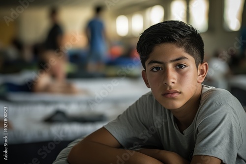 Portrait of a serious young hispanic boy sitting in a crowded shelter