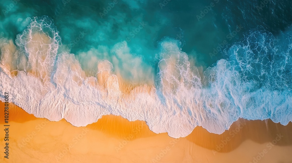 Drone perspective of turquoise ocean with sunlight on the waves and a golden sandy beach from above Drone perspective of turquoise ocean with sunlight on the waves and a golden sandy beach from above