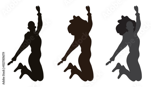 Black vector profile vignette of happy freedom woman silhouette