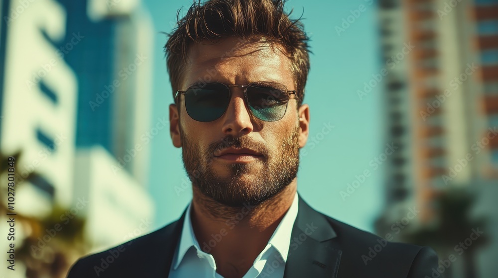 A stylish man dressed in a suit and sunglasses confidently stands beneath a sunny blue sky, surrounded by tall urban buildings and palm trees, exuding modern elegance. A stylish man dressed in a suit and sunglasses confidently stands beneath a sunny blue sky, surrounded by tall urban buildings and palm trees, exuding modern elegance.