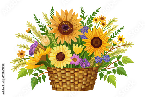 A rustic bouquet of sunflowers and wildflowers in a woven basket