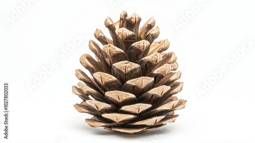 Single large pine cone upright centered against a white background showcasing natural symmetrical structure and textured scales in light and dark brown hues