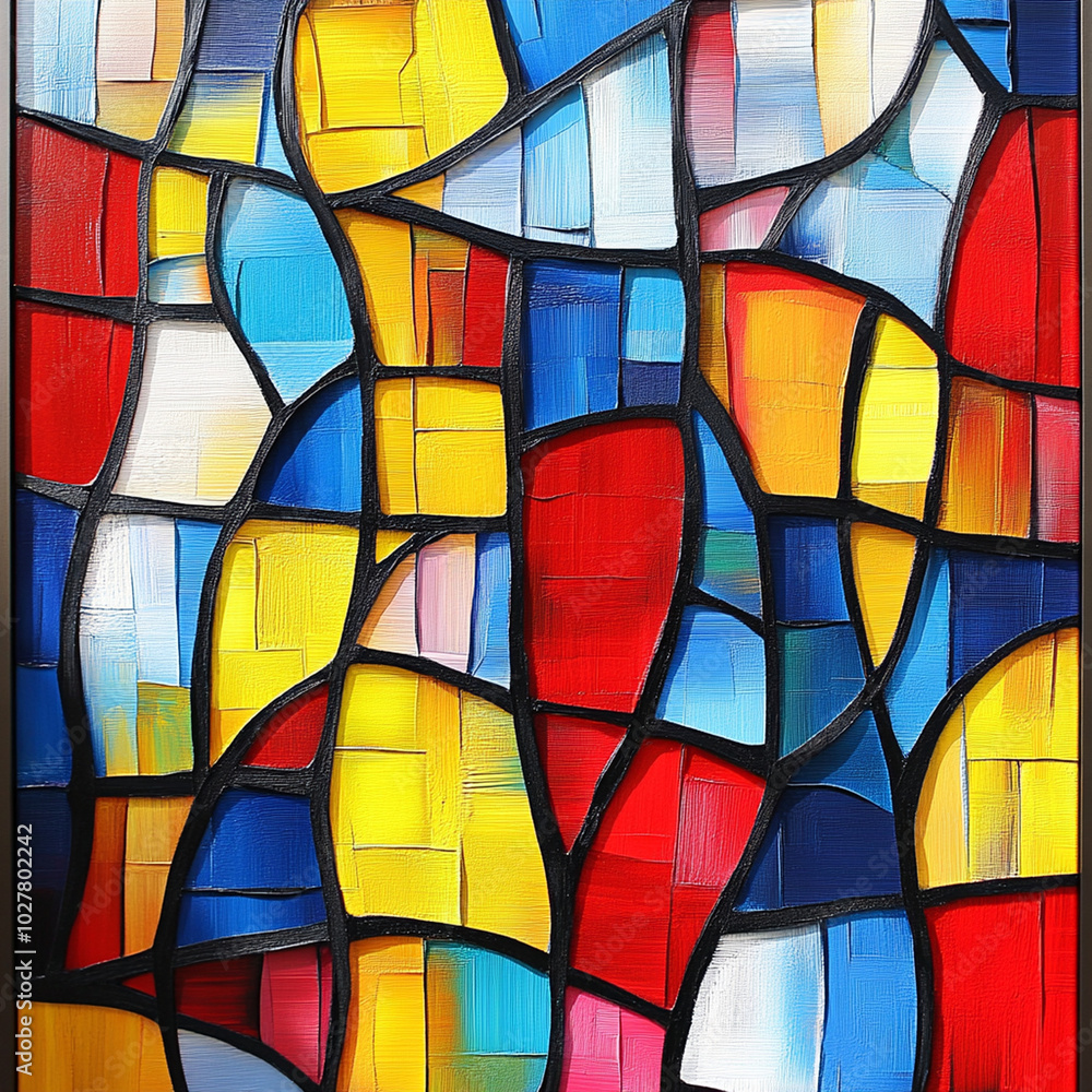 Fototapeta premium Bright geometric shapes in vibrant colors create dynamic composition over simple background, evoking sense of energy and creativity