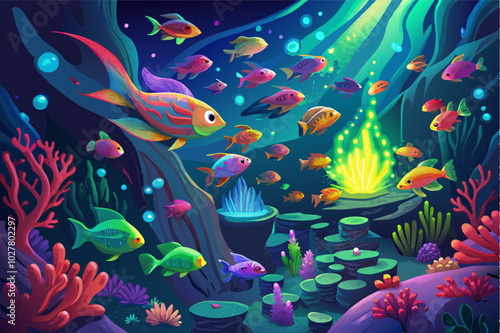 A school of colorful fish swimming around a bioluminescent coral formation, casting a soft, electric glow