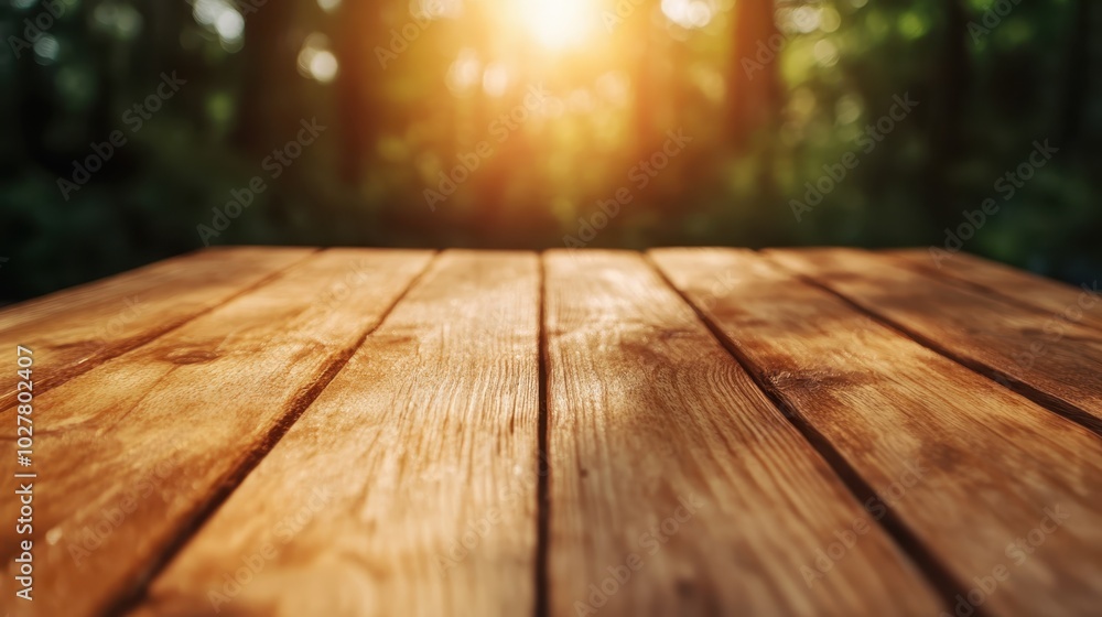A wooden table bathed in sunlight within a forest setting, signifying tranquility, nature, and simplicity, with gleaming surfaces reflecting rays of warm light. A wooden table bathed in sunlight within a forest setting, signifying tranquility, nature, and simplicity, with gleaming surfaces reflecting rays of warm light.