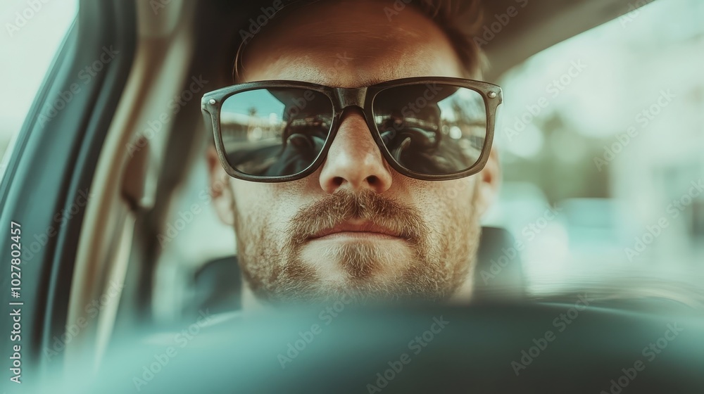 A confident man wearing sunglasses drives a car in a vibrant urban setting, showcasing a dynamic yet relaxed atmosphere of modern city life and adventure. A confident man wearing sunglasses drives a car in a vibrant urban setting, showcasing a dynamic yet relaxed atmosphere of modern city life and adventure.