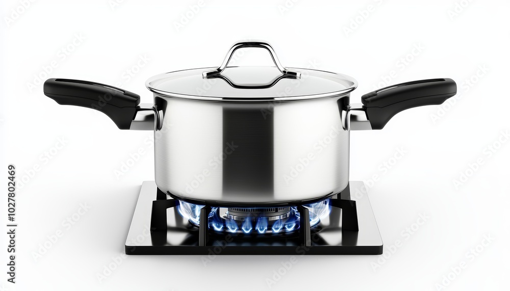 Cooking pot on a gas burner with blue flames, stainless steel finish and black handles, isolated on a white background, perfect for kitchen scenes Cooking pot on a gas burner with blue flames, stainless steel finish and black handles, isolated on a white background, perfect for kitchen scenes