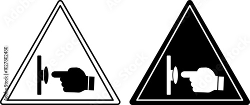 Emergency Stop Push Button Signs. Black and White Vector Icons. Evacuation Sign. Index Finger Presses Button. Industrial Safety, Observe Site Work Rules. Emergency Situation