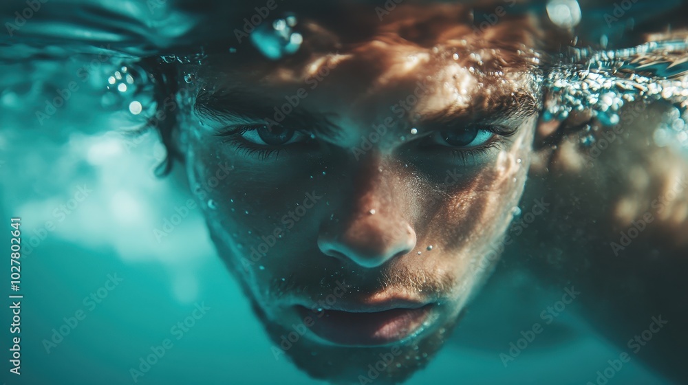A striking underwater portrait of a person captured in clear blue water, emphasizing the intense expression and detailed facial features against the liquid surroundings. A striking underwater portrait of a person captured in clear blue water, emphasizing the intense expression and detailed facial features against the liquid surroundings.