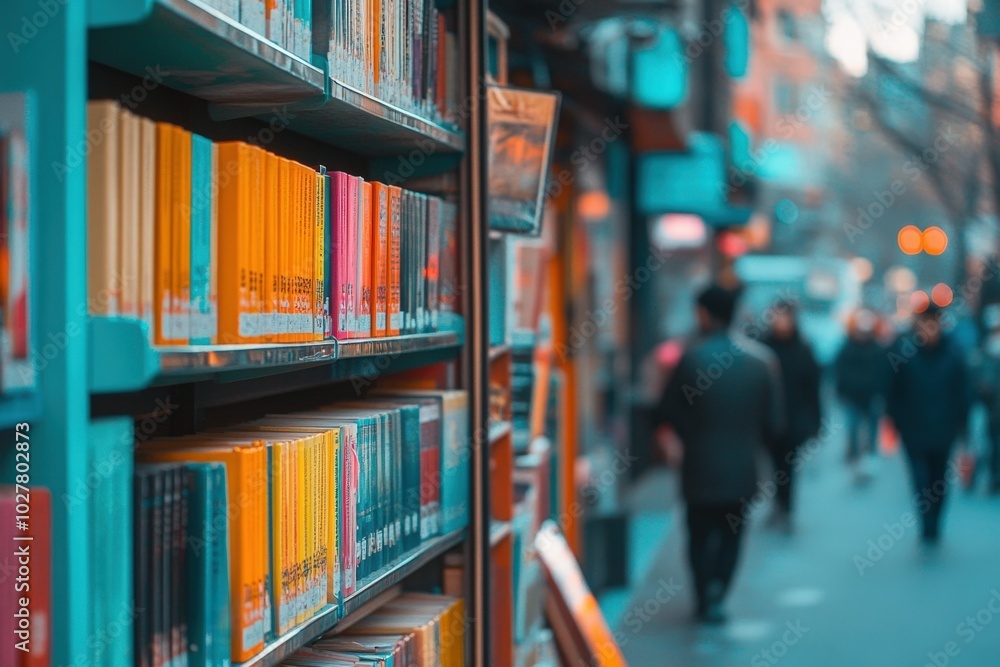 Public street library with colorful books on a blurred urban background Public street library with colorful books on a blurred urban background