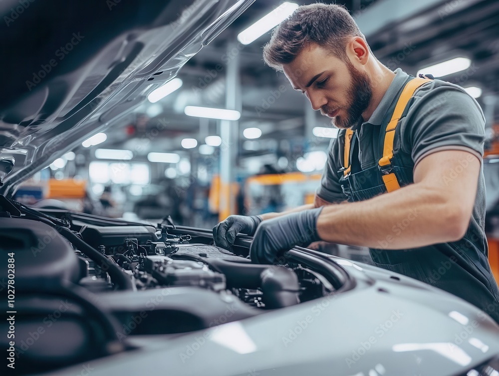 car mechanic diligently working on the engine of a white car in a modern workshop, emphasizing hands-on skills and the intricate details of vehicle repair car mechanic diligently working on the engine of a white car in a modern workshop, emphasizing hands-on skills and the intricate details of vehicle repair