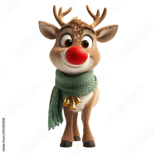 A cheerful reindeer with a bright red nose, wearing a green scarf and jingling bells, ready to spread holiday joy photo