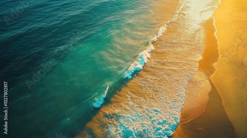 Drone shot of a sunny coastal scene featuring turquoise water, gentle waves, and a stretch of golden sand