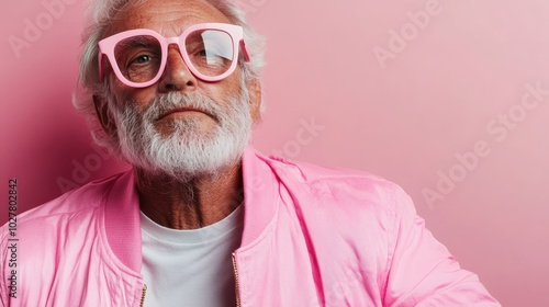 The image features a senior man with white beard and pink sunglasses, showcasing a colorful, playful mood, blending both whimsy and ageless charisma effortlessly.