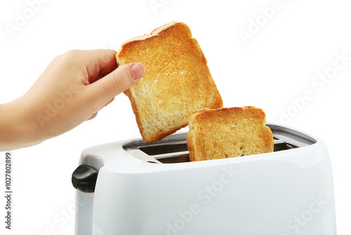 Toaster and female hand takes toast isolated on white background