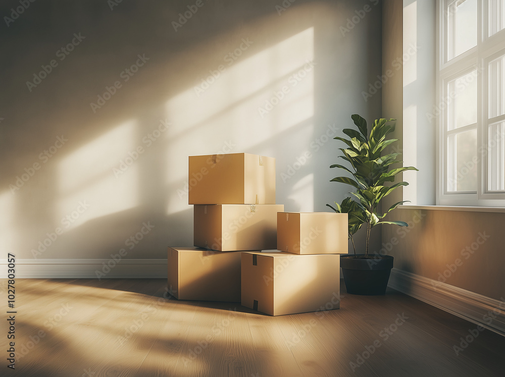 Moving boxes in an empty room with light gray walls. Moving boxes in an empty room with light gray walls.