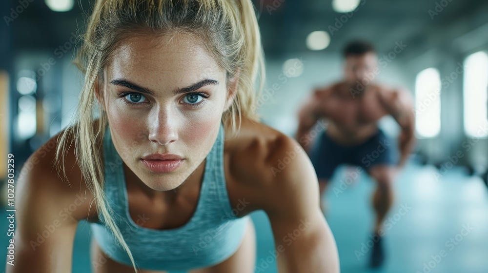 A determined woman works out in a gym setting, her intense focus and athletic form highlighting the dedication required for physical fitness and strength building. A determined woman works out in a gym setting, her intense focus and athletic form highlighting the dedication required for physical fitness and strength building.
