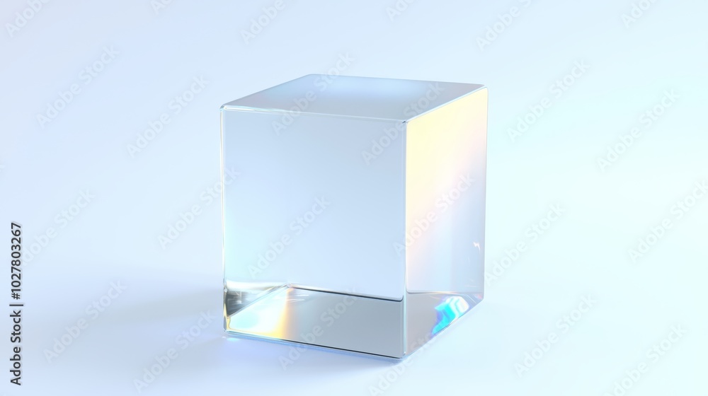 Elegant glass cube reflecting soft rainbow hues, minimalist and abstract representation of light refraction, perfect for modern artistic visuals Elegant glass cube reflecting soft rainbow hues, minimalist and abstract representation of light refraction, perfect for modern artistic visuals