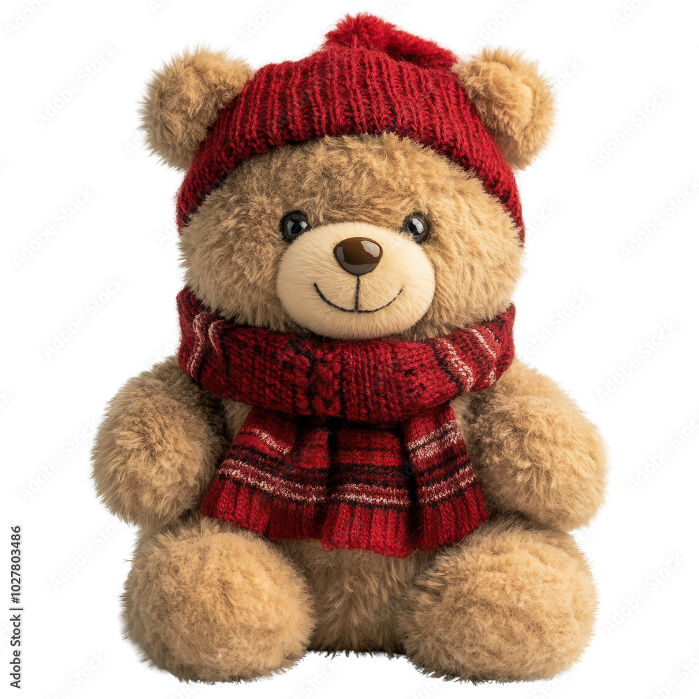 A cute, plush teddy bear wearing a red knitted hat and scarf, perfect for comforting and providing warmth during chilly seasons A cute, plush teddy bear wearing a red knitted hat and scarf, perfect for comforting and providing warmth during chilly seasons