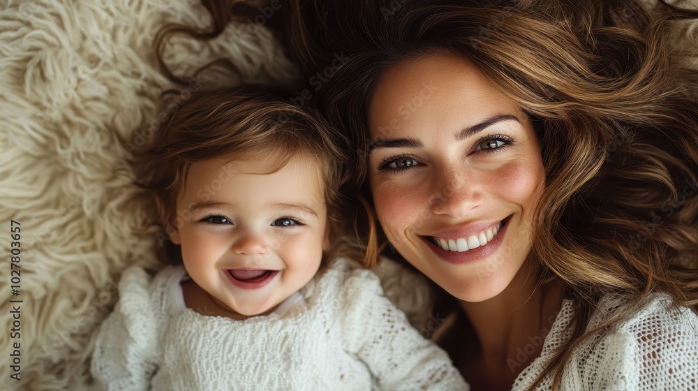 A mother and her baby lie on a fluffy rug, smiling brightly with curly hair, capturing a heartwarming moment filled with love and warmth, emanating pure joy. A mother and her baby lie on a fluffy rug, smiling brightly with curly hair, capturing a heartwarming moment filled with love and warmth, emanating pure joy.
