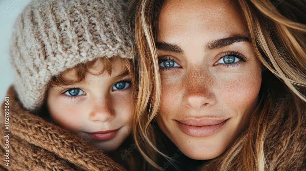 A charming winter portrait featuring a mother and child, both warmly dressed in cozy knitwear. Their relaxed expressions are harmonized by a chilly backdrop. A charming winter portrait featuring a mother and child, both warmly dressed in cozy knitwear. Their relaxed expressions are harmonized by a chilly backdrop.