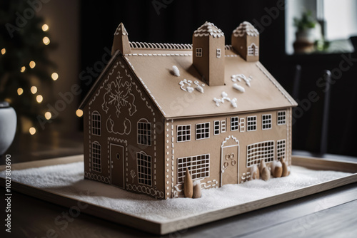 generated illustration of luxury gingerbrean house as decoration against christmas tree photo