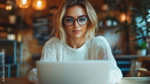 A focused young woman with glasses and short hair works on her laptop in an inviting, warm, and modern interior setting featuring soft lighting and relaxed decor.