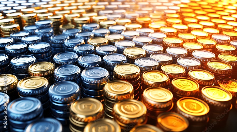 Detailed Close-Up of Metallic Bottle Caps Arrangement Detailed Close-Up of Metallic Bottle Caps Arrangement