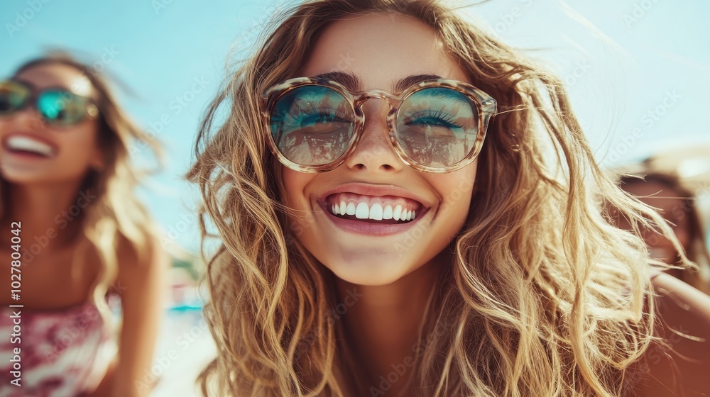 A stylish young woman with long hair and round sunglasses beams at the camera, embodying the carefree essence of a sunlit beach day with friends. A stylish young woman with long hair and round sunglasses beams at the camera, embodying the carefree essence of a sunlit beach day with friends.