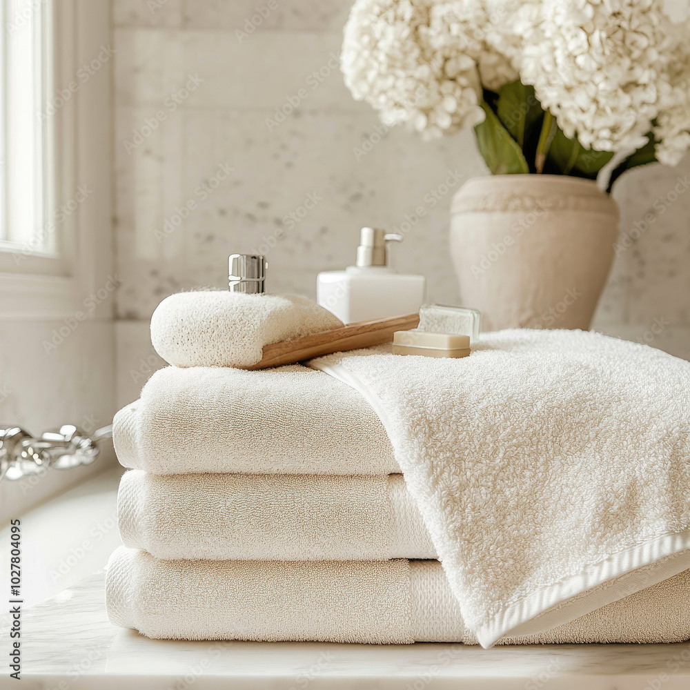 Terry towels in a stylish bathroom in a vanilla-white palette. Illustration for advertising towels, cotton eco-friendly textiles for household needs. Printing in catalogs, on packaging. Terry towels in a stylish bathroom in a vanilla-white palette. Illustration for advertising towels, cotton eco-friendly textiles for household needs. Printing in catalogs, on packaging.