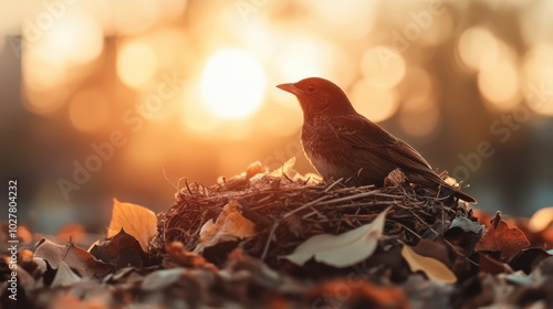 A bird sits in its nest surrounded by vibrant leaves, with the sun setting in the background, symbolizing warmth, beauty, and the closeness of nature and life. photo