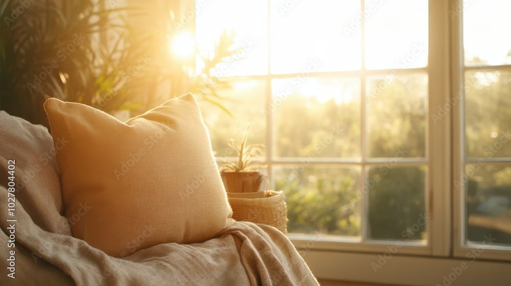 A cozy living room scene with a sunlit pillow and blanket, surrounded by lush plants and golden sunlight streaming through a large window at sunrise. A cozy living room scene with a sunlit pillow and blanket, surrounded by lush plants and golden sunlight streaming through a large window at sunrise.