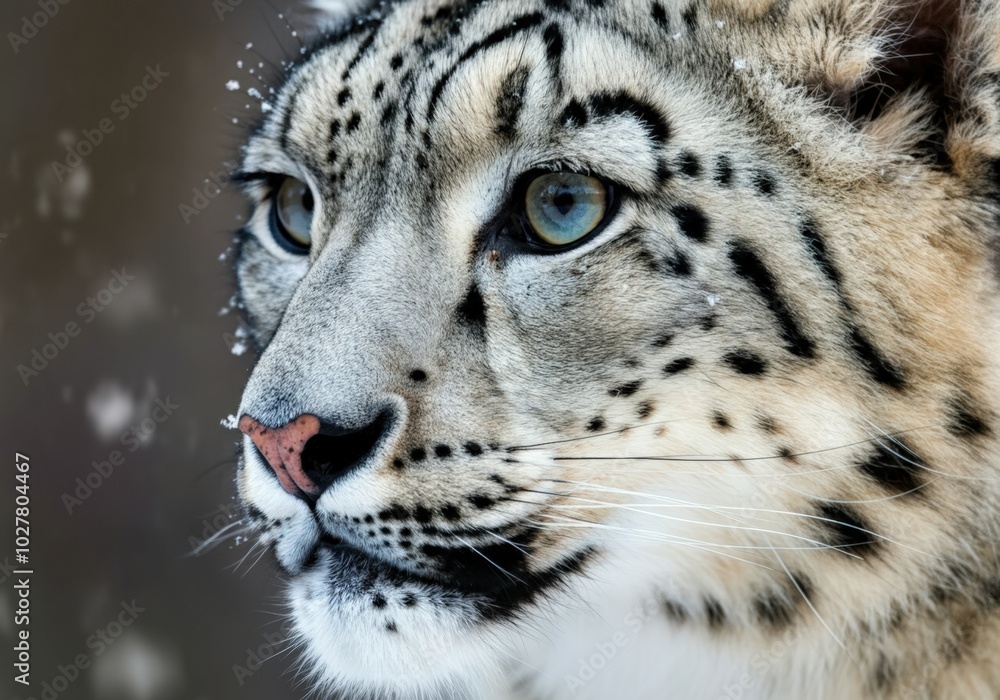 Snow leopard is illuminated by the sun on a cold snowy day Snow leopard is illuminated by the sun on a cold snowy day