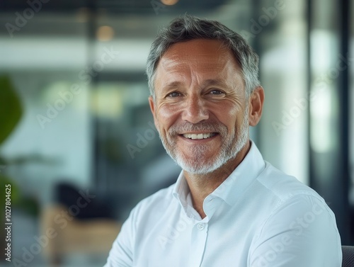 confident 50-year-old business manager smiling at the camera in a modern office setting, exuding professionalism and experience, perfect for corporate imagery