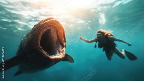 A brave scuba diver swims face-to-face with a gigantic fish, showcasing the wonders of marine life, as sunlight filters through the water, adding drama to the scene. photo