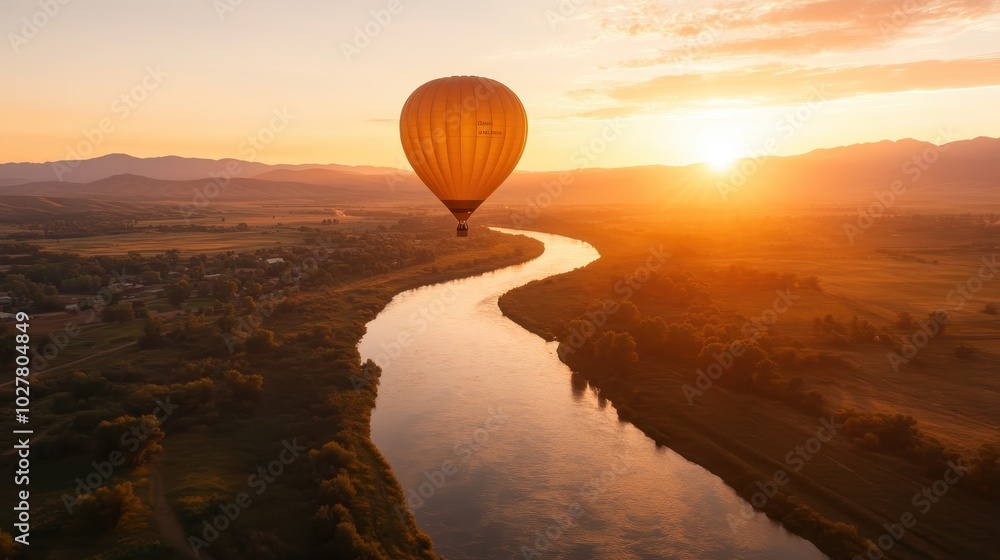 A hot air balloon drifts over a winding river at sunrise, casting golden light on the surrounding landscape with mountains in the distance and a serene atmosphere. A hot air balloon drifts over a winding river at sunrise, casting golden light on the surrounding landscape with mountains in the distance and a serene atmosphere.
