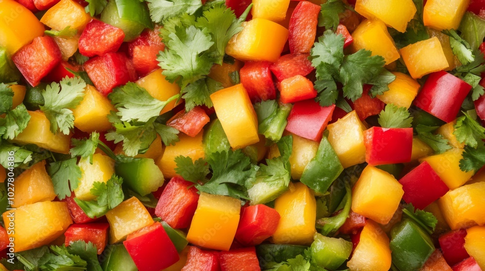 Close-up of Diced Yellow and Red Bell Peppers with Fresh Cilantro Close-up of Diced Yellow and Red Bell Peppers with Fresh Cilantro