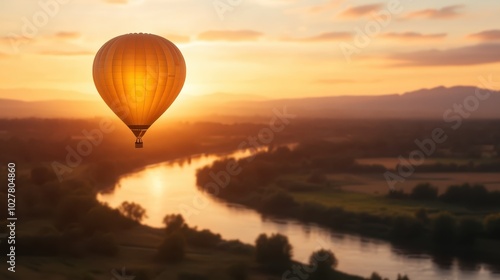 A beautiful, golden air balloon hovers above a lush river landscape during sunrise, evoking feelings of wanderlust, peace, and the timeless allure of open skies.