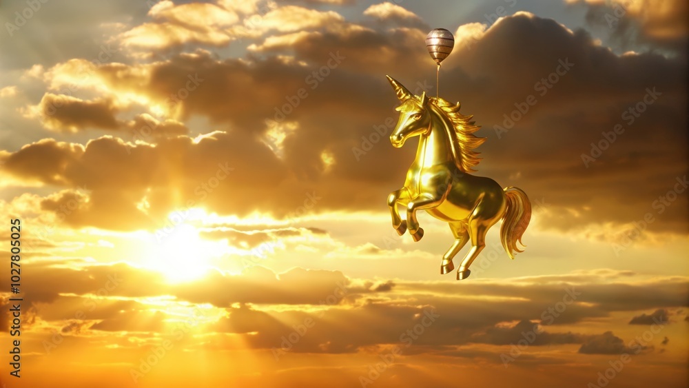 Golden Unicorn Flying Through Sunset Clouds with Balloon Golden Unicorn Flying Through Sunset Clouds with Balloon