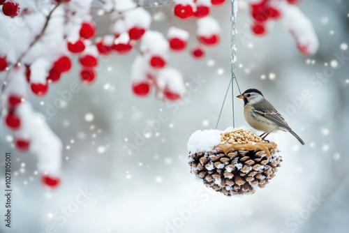 Small bird perched on a diy pine cone bird feeder during winter