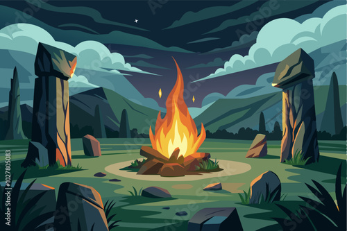 A small fire burning near an ancient stone circle in the mountains, with a sense of mystery and forgotten history