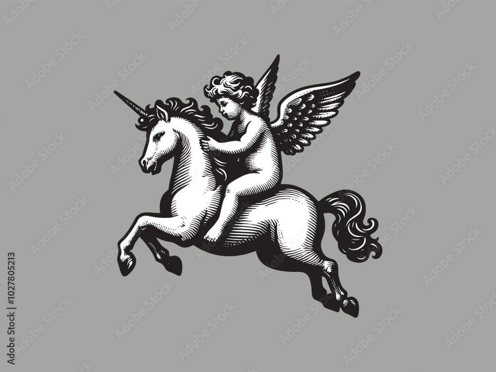 Fototapeta premium little baby angel cherub riding a unicorn. Old vintage engraving illustration. Hand drawn outline graphic. Logo, emblem, icon. Isolated object, cut out. black and white