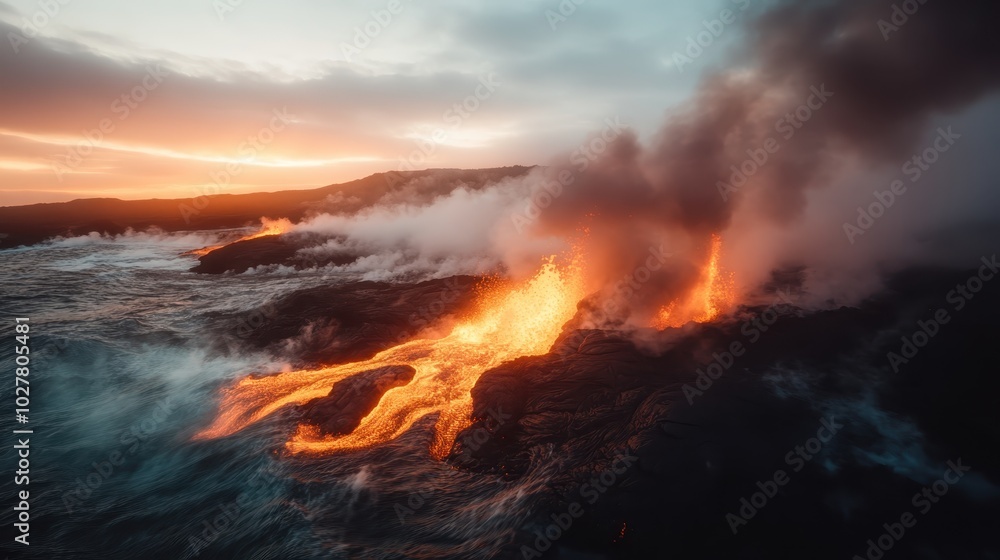 Naklejka premium A tranquil scene of lava streams paving through dark rocks and merging into the ocean, with a glowing sunset horizon casting a magical aura around the landscape.