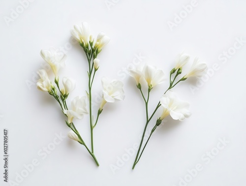 delicate white freesia flowers arranged artistically against a pure white background, emphasizing the elegance and simplicity of nature's beauty in a minimalist composition