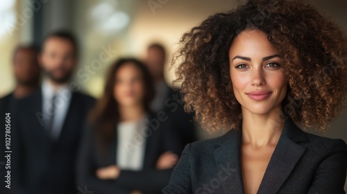 A self-assured woman with curly hair stands confidently in an office setting, representing empowerment, professionalism, and ambition in the workplace.