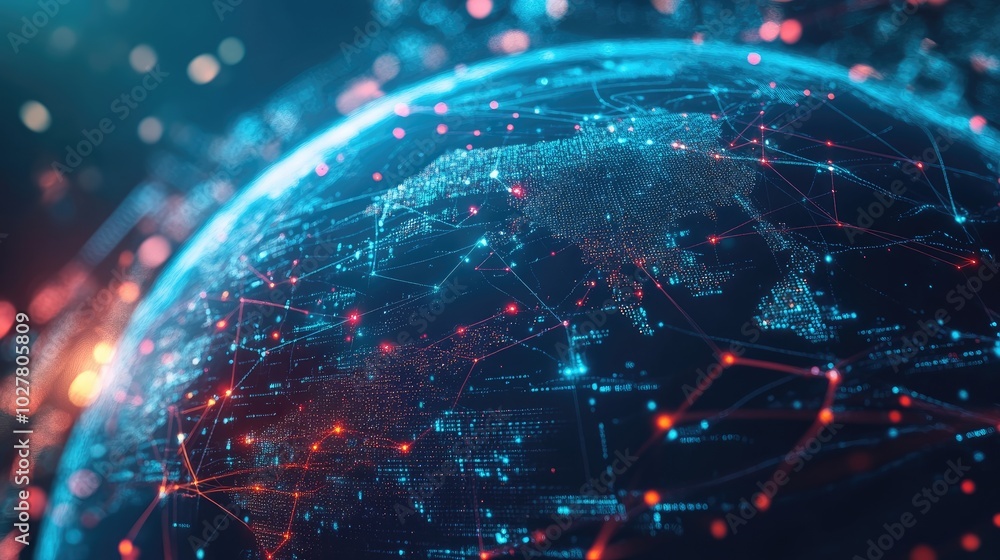 Futuristic globe with a web of digital connections and data streams, highlighting global network integration